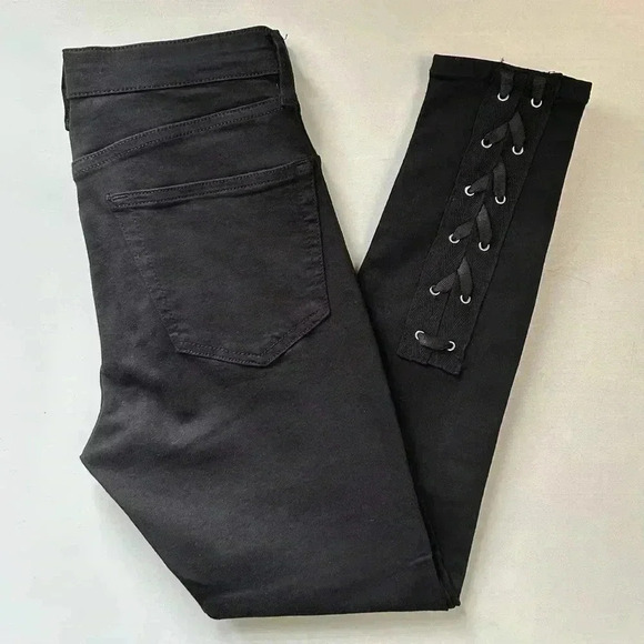Topshop Moto Skinny Jeans Jamie High Rise Lace Up Ankle Crop Black Size 26 - Picture 15 of 16